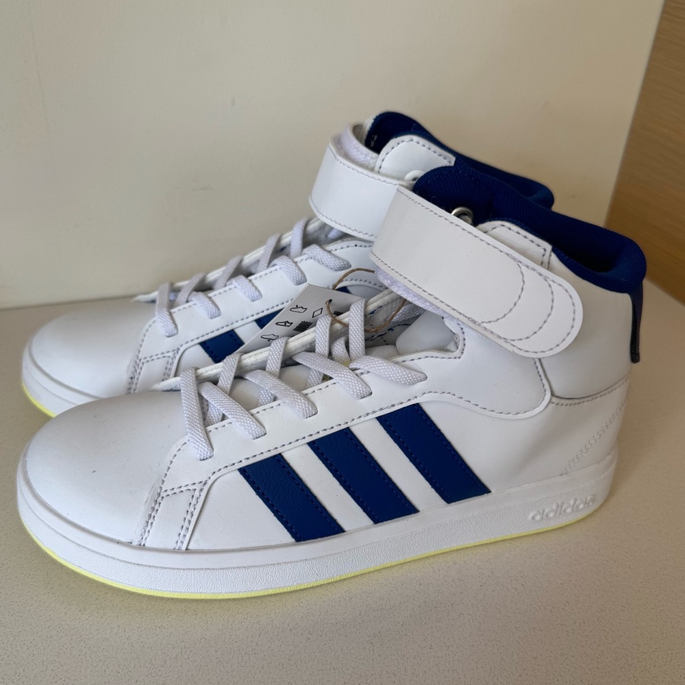 Adidas Kids White Sneakers with Blue Stripes